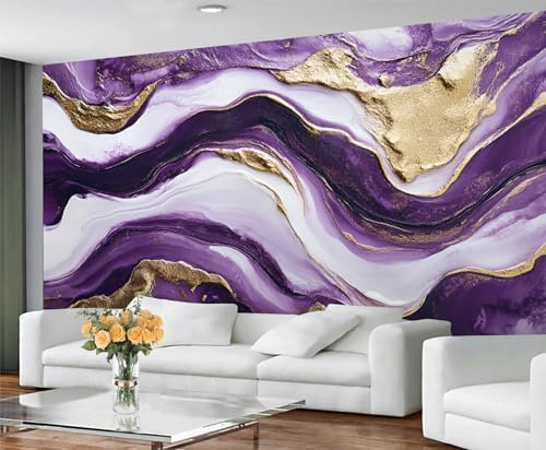 GIVLWF Papier peint en marbre et décoration d'intérieur, papier peint en marbre violet pour salon, papier peint doré de luxe, non autocollant, peintures murales pour murs