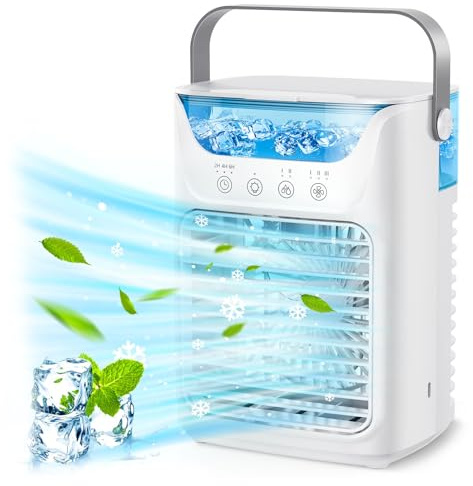 Ventilador portátil de aire acondicionado, mini ventilador de refrigeración de aire humidificador con luz nocturna, 3 velocidades de viento, 2 niebla fría, 3 temporizadores automáticos, tanque de agua