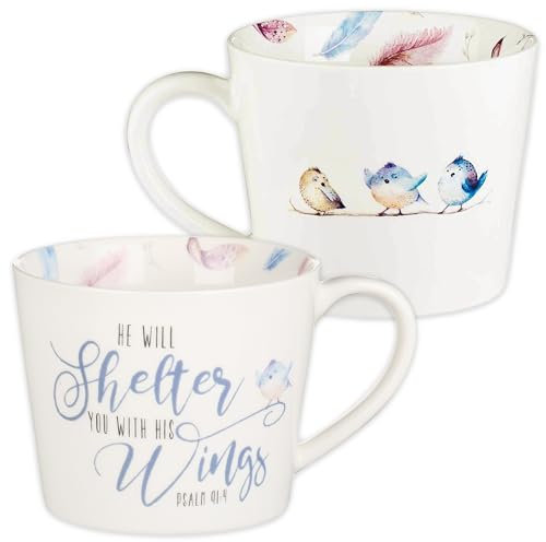 Christian Art Gifts Weiße Keramik-Kaffeetasse - 340 ml, blei- und cadmiumfrei, inspirierende Schrift, Kaffee- und Teetasse mit Federn für Männer und Frauen mit Bibelvers: He will Shelter You - Psalm