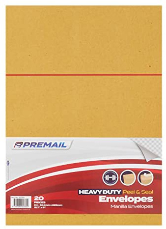 Premier Stationery C4 Envelopes, Heavy Duty, Peel & Seal Manilla Document Storage, Stationary Supplies, Ideal for Brochures, Invoices & Catalogues, Office Stationary, 110gsm (Pack of 20)