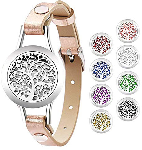 JewelryWe Schmuck Ätherisches Öl Armband Edelstahl Baum des Lebens Locket Medaillon Aromatherapie Aroma Öle Parfum Diffusor Echtleder Leder Armreif mit 8 Pads Pink
