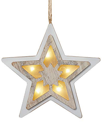 hellum LED Stern zum Aufhängen, Holzstern weiß gebeizt, 5 warm-weiße LED, Ø 20cm, batteriebetrieben (2xAA, nicht inkl.) Fensterdeko Wintergarten Wohnzimmer Schlafzimmer Weihnachtsdeko 521047