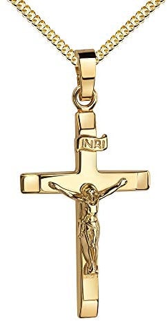 JEVELION Gold Kreuz-Anhänger Kruzifix Jesus Christus Kettenanhänger 585 Gold 14 Karat 14K. Mit Kette 50 cm