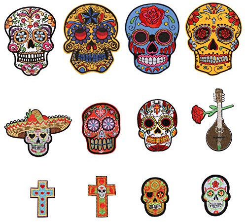 Mexican Art Sugar Skull 12 Pieces Day of The Dead Iron on Patches Aesthetic Applique Decoration