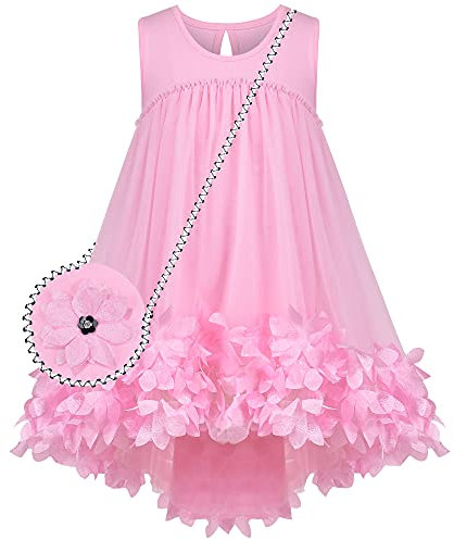 Vestito Bambina Rosa 3D Fiori Senza Maniche A Vita Alta Borsetta Set 5 Anni