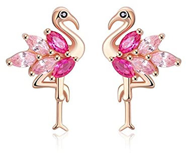 SALAN Boucles d'oreilles en Argent Sterling 925 Femmes Flamant Rose Oiseau Boucle d'oreille Petit 4a Zircon Couleur Or Rose Bijoux en Argent