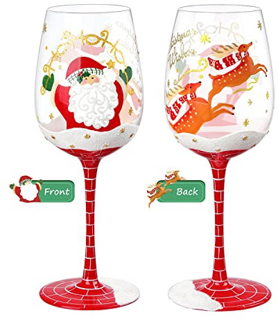 NymphFable Calici da Vino Dipinto a Mano Babbo Natale Alce Bicchiere Vino 15oz Regalo di Natale per Famiglia Amica