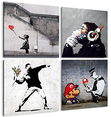 Giallobus - 4 Quadrate mit Mehreren Feldern - Banksy - Banksys schönste Werke - Sammlung 6 - MDF-Holz - 29,7x29,7 - x 4 Stück