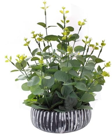 Artificial Plants Potted Real Looking Small Faux Plant with Rustic Black Cement Planter for Kitchen Office Desk Bookshelf Decor (Eucalyptus Plant)