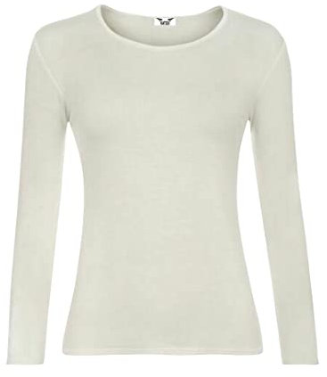 KATSSI Women’s Ladies Long Sleeve Stretch Plain Round Scoop Neck T Shirt Top SM Cream