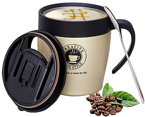 DOUSON Coffee Cup with Handle,10oz Insulated Stainless Steel Coffee Travel Mug, Double Wall Vacuum Tumbler Cup Include Lid Insulated,Ideal for Hot & Cold Drinks, Gold