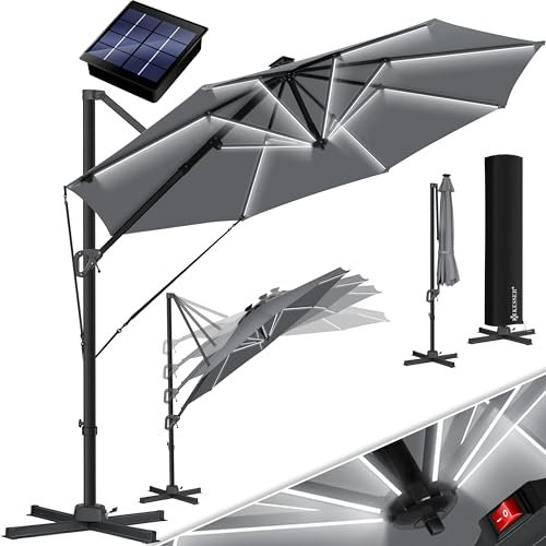 KESSER® Sonnenschirm Ampelschirm Sun Rund XL LED Solar Ø330 cm Inkl. Abdeckung, 7-Fach Verstellbar Neigbar Kippbar Groß 360° Drehbar Gartenschirm mit Kurbel Sonnenschutz UV50+ Anthrazit