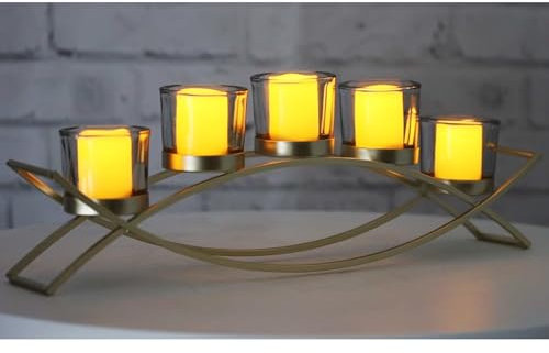 Seraphic Iron Arch Table Centerpiece Decorations Tealight Votive Candle Holder for Weddings, Patio, Kitchen, Dining Room, and Coffee Tables, Gold, Clear Chunky 5 Cups