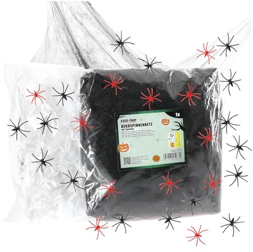 com-four® 26-teiliges Deko-Set für Halloween - 400g dehnbares Spinnennetz mit 24 Spinnen in 3 Farben - gruselige Spinnengewebe als Dekoration für Halloween, Fasching, Horror- oder Mottopartys