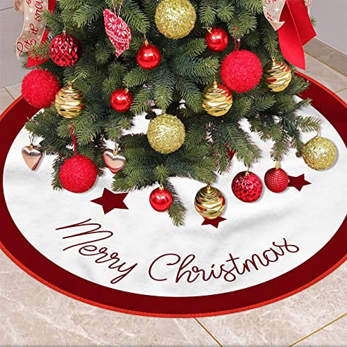 Mateju Weihnachtsbaum Rock Weihnachtsbaumdecke Groß Tannenbaum Unterlage Rund Christbaumdecke Christbaumständer Teppich Baumdecke für Rot Weihnachtsdeko Neujahr Party (Roter Stern,120cm)