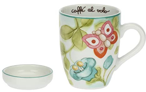 THUN, Set Mug e Poggia Bustina in Porcellana Decorata a Mano con Motivi Floreali Primaverili, Linea Fiori e Fantasia, Mug 300ml, Poggia bustina 9x9x2 h cm