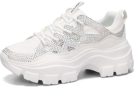 LUCKY STEP Women 90S Chunky Platform Rhinestone Sneakers-Casual Lace-Up Walking Dad Sneakers(White Rhinestone,8.5 B(M) US)