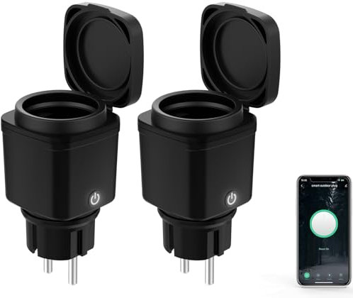 Outdoor WLAN Smart Steckdose 2er Pack, 2.4GHz WiFi Stecker mit Strommessung Gartensteckdose AuBensteckdose Smart Plug mit Zeitschaltuhr Sprachsteuerung Kompatibel Alexa/Google Home Wasserdicht lP44