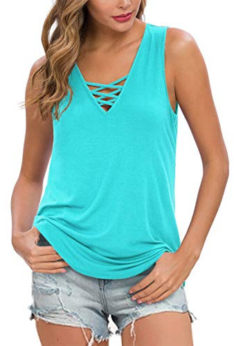Ninee Damen Sommer ärmellose Criss Cross Casual Tank Tops Basic Bluse (Nile Blue,X-Large)
