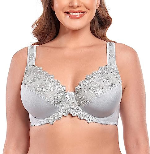 Ayigedu Women's Full Coverage Minimiser Bra Floral Lace Non Padded Plus Size Underwired Bra 40F Grey