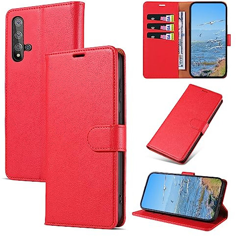 KKEIKO Cover per Huawei Nova 5T / Honor 20, Antiurto Custodia in PU Pelle con Slot per Porta Carte, Magnetico Protettiva Cover per Huawei Nova 5T / Honor 20, Rosso