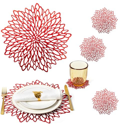 Red Placemats Set of 12 Charger Plates Table Mats Place Mats & 12 Pcs Coasters Holiday Modern Wipeable Round Vinyl Placemats Wedding Christmas Thanksgiving Kitchen Farmhouse Dining Table Setting Decor