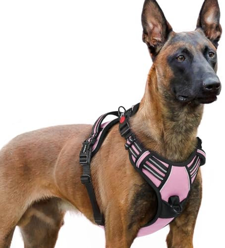 rabbitgoo Hundegeschirr Grosse Hunde, Verstellbare Geschirr Hund ohne Zug & Würgen, Anti Zug hundegeschirr mit Griff, weich Gepolsterte Reflektierende Brustgeschirr, Rosa XL