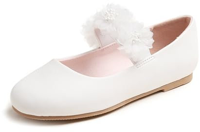 Feversole Girls Cute Dress,Ragazze Mary Jane Strap Scarpe Basse Ballerine da Principessa Scarpe da Scuola Piatte Fiore Bianco Cinturino Elastico in Pelle vegana 31 EU