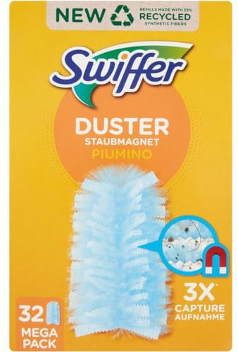 Swiffer Duster Piumini Catturapolvere, 32 Piumini, Cattura e Intrappola Polvere e Sporco, Raggiunge I Punti più Difficili della Casa, Piumini con 33% di Fibre Riciclate