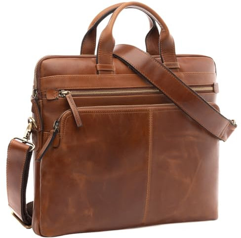 SID & VAIN große Laptoptasche schmal echt Leder - 14 Zoll Laptop Business-Tasche Carson - Umhängetasche Aktentasche mit Laptop-Fach - Ledertasche Herren und Damen braun handgefertigt
