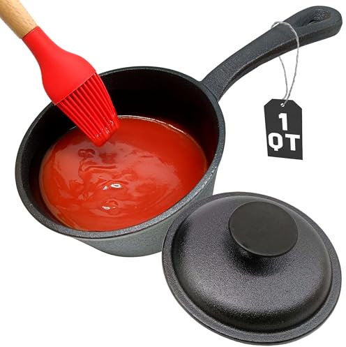 1 QT Cast Iron Sauce Pot with Lid & BBQ Brush for Basting, Melting, Simmering Sauce, Butter & Cheese - Built for Grilling, Smoking & Camping - Professional Grade - Max Heat Retention - 32 Oz Capacity