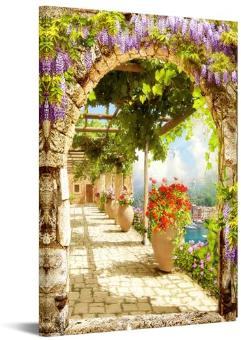 Canvbay Leinwandbild, Motiv: italienischer botanischer Garten, alte mediterrane Städte, Architektur mit bunten Blumen, gerahmt für moderne Wohnkultur, Wohnzimmer, Schlafzimmer, 61 x 91,4 cm