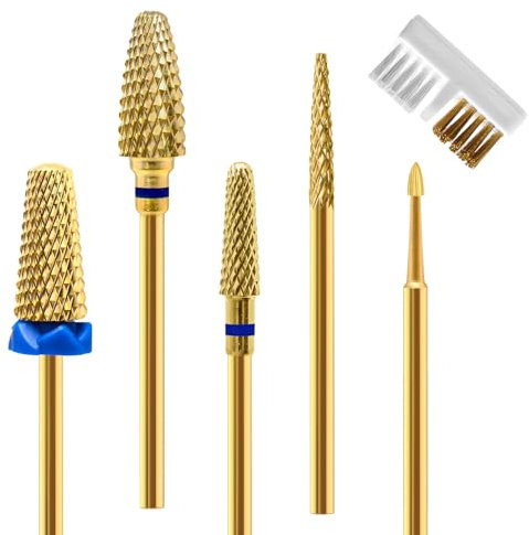 CGBE Nagelfräser Aufsätze, 5 Stück Gold Nagelfräser Bits Entfernen Gel Acryl Nagelhaut, 3/32 Zoll Wolframcarbid Fräser Aufsätze Hartmetall Schleifköpfe für Nagelvorbereitung, Set-A