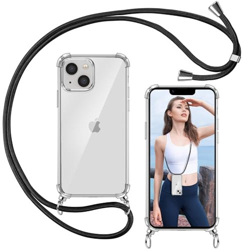 ISOI - Funda con Cuerda para iPhone 13, Colgante Ajustable Collar Correa de Cuello Cadena, Carcasa Transparente Cordón Suave TPU Silicona, con Parachoques de Airbag a Prueba de Golpes - Negro