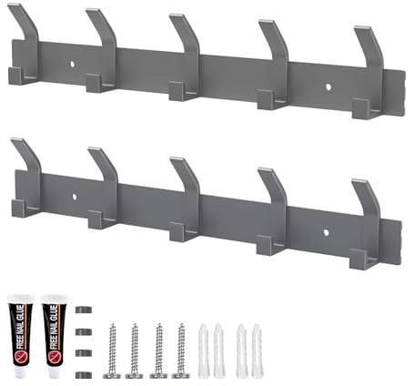 Galerie SV Kleiderhaken Wand, 2 Stück Garderobenhaken mit 5 Haken, Kleiderhaken Metall, Hakenleiste Garderobe für Schlafzimmer Bad Küche Garderobe Garderobenleiste Wandgarderobe (Grau)