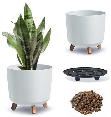 DIKEL Gracia Runder Blumentopf ⌀ 30 cm x 28,5 cm | Pflanzkübel mit 4 Steckfüßen in Holzoptik | Übertöpfe für drinnen und draußen | Pflanzentopf stilvolle Dekoration für Haus und Garten | Weiß