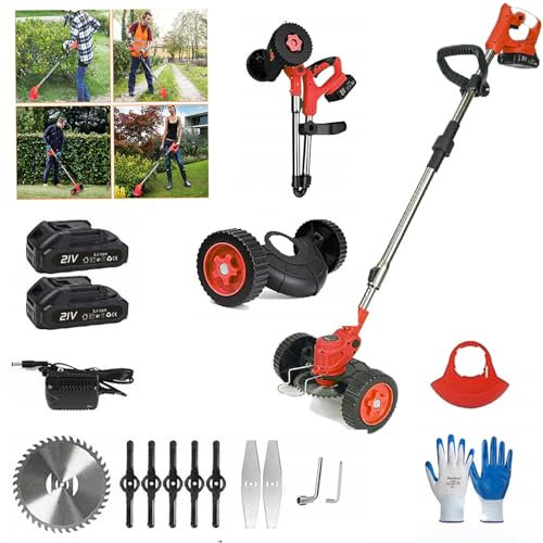 Hooha 3in1 Akku-Rasentrimmer Mit 21v 2x2.0ah,880w Akku Trimmer,18000 r/Min,Hilfsgleitrad, 90° Drehkopf, Teleslopstiel,1 Sägeblätter, 2 Metallmesser,Tragbar,Für Gardena/Rasen/Sportplätze/Spielplätze