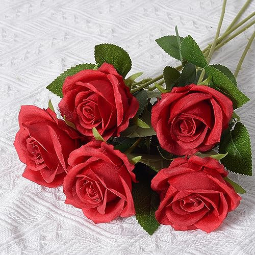 Anevous 1 Stück Rosen Künstliche Blumen mit Stielen, Seide Künstliche Rose Blumen, Realistische Dekorative Blumen Gefälschte Rose Blumen für Hochzeits Party Zuhause Deko, Brautstrauß,Rot A