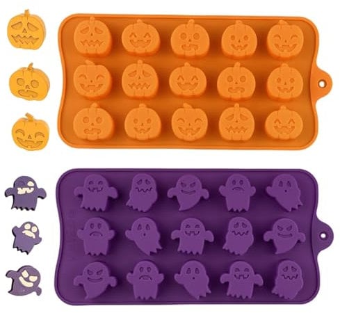 Lot de 2 moules en silicone pour Halloween, 15 cavités, citrouille et fantôme, pour chocolat, bonbons, gelée, pâtisserie, 30 cavités au total