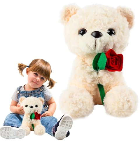 TIVUNORON Orsacchiotto peluche con rosa, 25cm Regalo di Peluche a forma di orsacchiotto per San Valentino, Orso di Peluche per San Valentino, Bianco