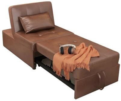 JMORCO Schlafsessel Umwandelbarer Schlafsessel, Pu-Leder, 4-in-1-Einzelsofa, Klappstuhl, Ottomane, ausziehbares kleines Bett, Liegestuhl(Leather Brown)