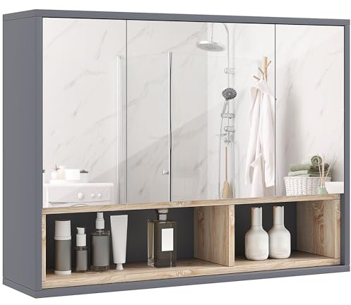 HOMCOM Bathroom Mirror Cabinet, Wall Mounted Bathroom Cabinet with Mirror, 3 Doors and Cupboards, Grey