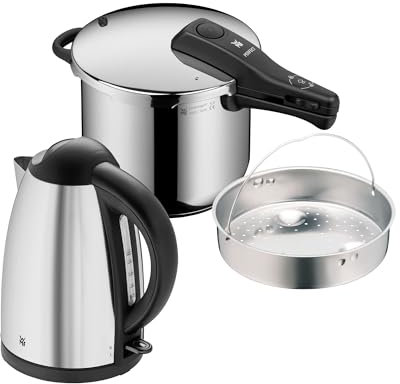 WMF Set 2-teilig Bueno Wasserkocher 1,7l, Kalkfilter, 2400 W, beleuchtete Wasserstandsanzeige und Perfect One Pot Schnellkochtopf Induktion 6,5l, mit Einsatz, 2 Kochstufen, Einhand-Kochstufenregler