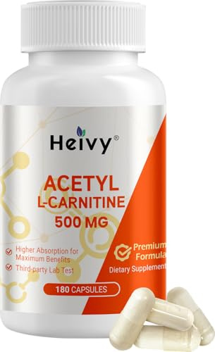 Heivy Pure Acetyl L-Carnitine 500mg | 180 Capsules, 180 Servings, Vegan, Non-GMO, Third-Party Tested, Made in USA GMP Facility, No Chemical Additives & Common Allergens