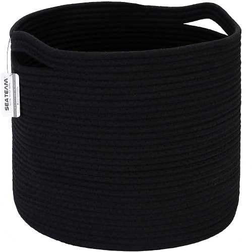 Sea Team Large Laundry Basket Woven Storage Basket with Handles for Clothes, Toys, Towels - 38x38x33cm, Stylish Home Decor Hamper BLACK