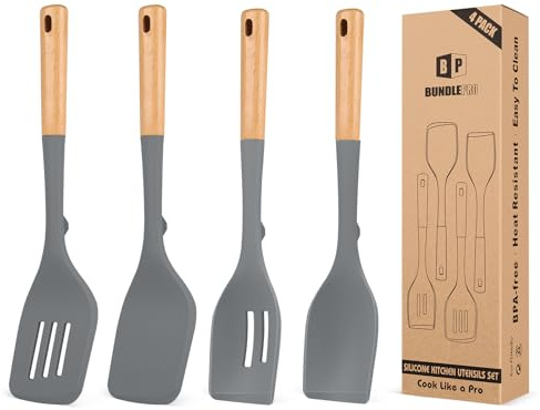 Pack of 4 Silicone Kitchen Utensils Set, Non Stick Solid Spatulas and Heat Resistant Slotted Spoons with Wooden Handle, Ideal BPA Free Cooking Utensils for Mixing,Serving,Turning,Stirring(Gray)