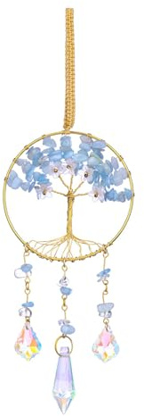 JSDDE Aquamarine Crystal Tree Life Hanging Ornament Flower Healing Crystal Gemstone Glass Suncatcher for Home Garden Window Wall Decoration Gifts