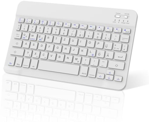 FOGARI Tastiera Bluetooth Tedesca Ricaricabile USB-C Portatile Tastiera Bluetooth Wireless per iPhone, iPad, Samsung, Lenovo, Huawei, Xiaomi, Compatibile con Windows, Android, IOS, Bianco