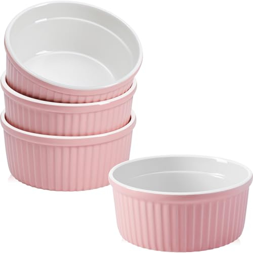 NUTRIUPS Pink Ramekins 14oz Oven Safe Set of 4, Porcelain Pudding Cups for Creme Brulee Souffle, Small Ceramic Ramekins Set for Baking