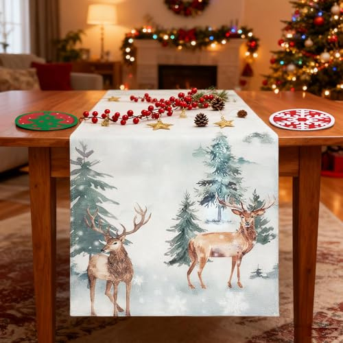 Ruryxel Tischläufer Weihnachten, 240 x 40 cm Grün Bäume Rentier Weihnachten Tischläufer mit Vier Filzuntersetzern, Weihnachts Tischläufers, Winter Weihnachtsdeko für Esstisch, Küche